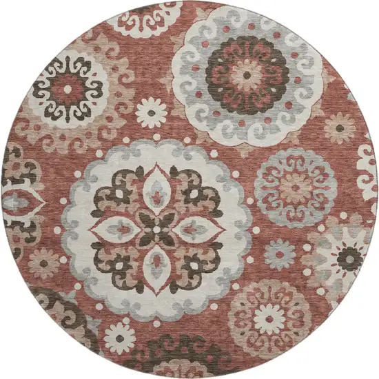 8' Rust Gray And Beige Medallion Washable Round Rug With UV Protection Photo 1
