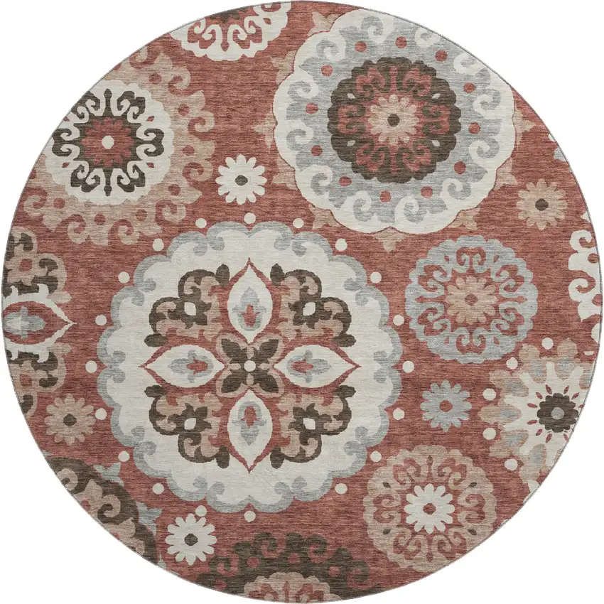 8' Rust Gray And Beige Medallion Washable Round Rug With UV Protection Photo 1