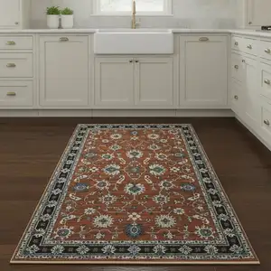 Photo of 8' Rust Gray And Beige Oriental Runner Rug With Fringe