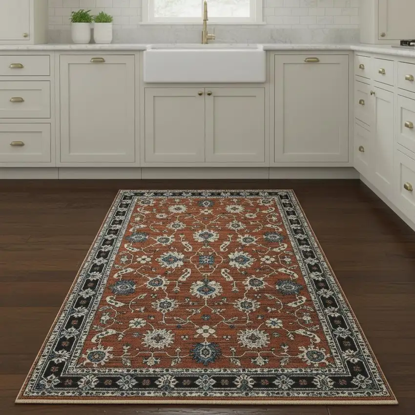 8' Rust Gray And Beige Oriental Runner Rug With Fringe Photo 1