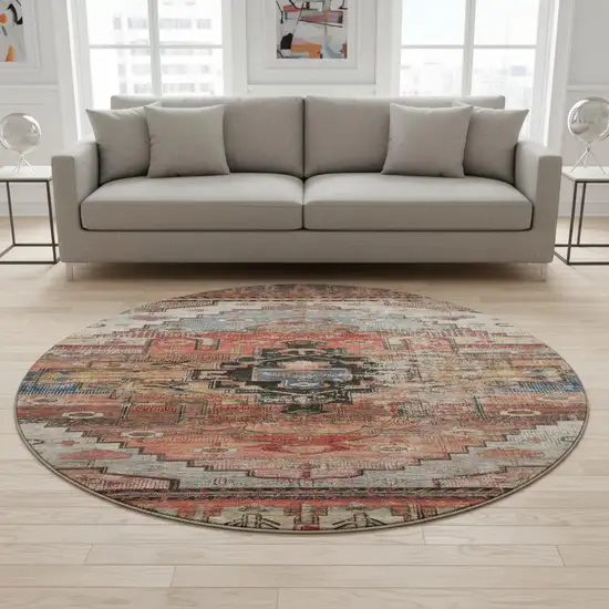 8' Rust Gray And Beige Oriental Washable Round Rug With UV Protection Photo 2