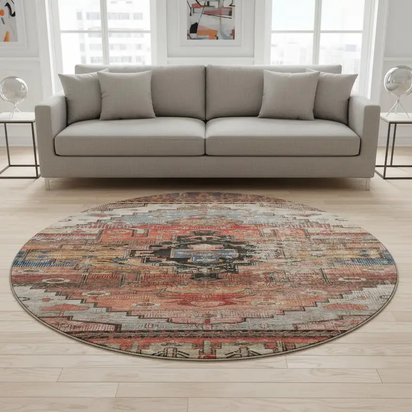 8' Rust Gray And Beige Oriental Washable Round Rug With UV Protection Photo 2