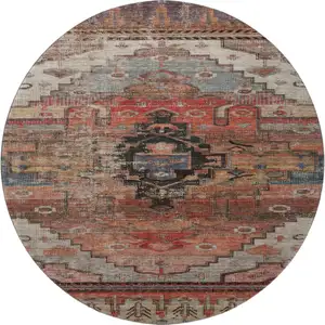 Photo of 8' Rust Gray And Beige Oriental Washable Round Rug With UV Protection