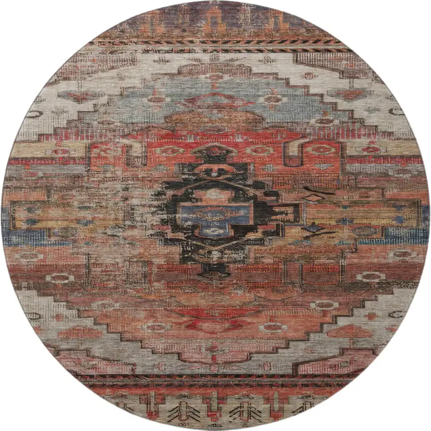 8' Rust Gray And Beige Oriental Washable Round Rug With UV Protection Photo 3