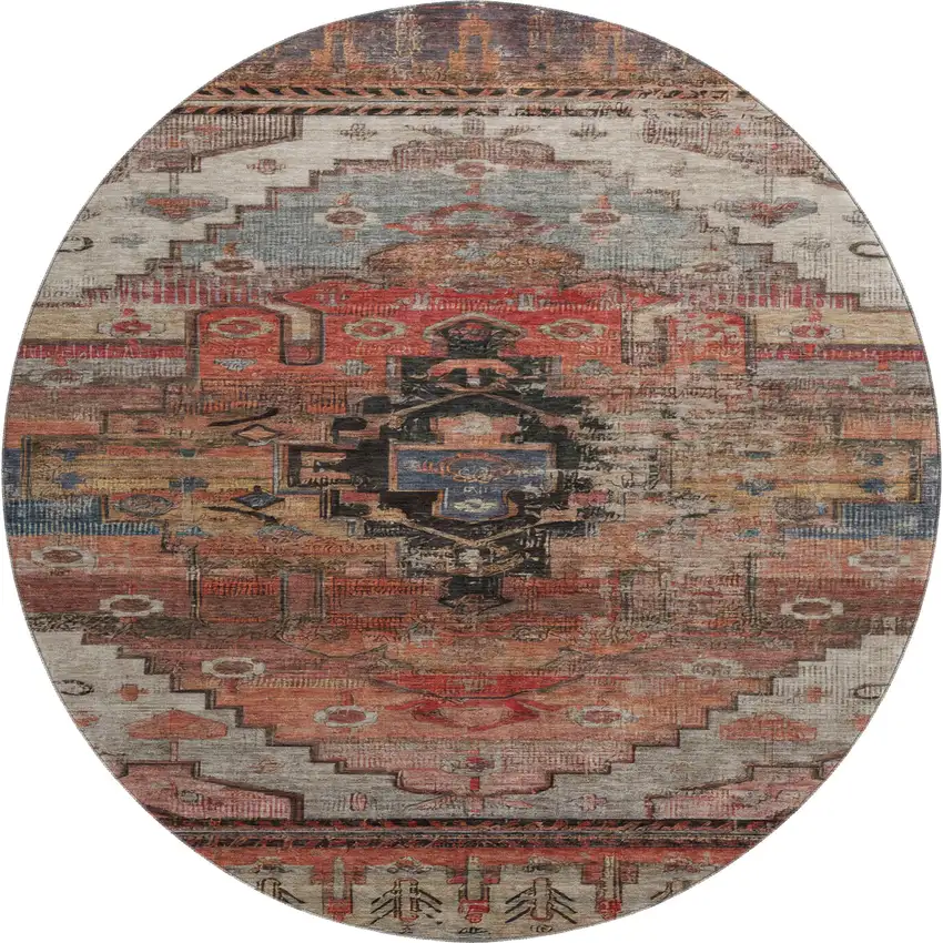 8' Rust Gray And Beige Oriental Washable Round Rug With UV Protection Photo 1
