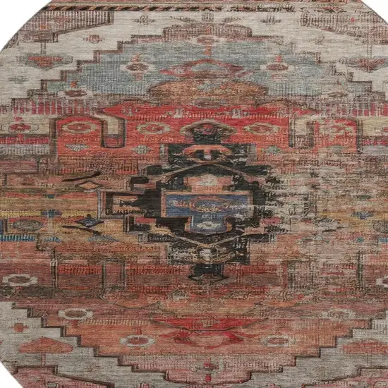 8' Rust Gray And Beige Oriental Washable Round Rug With UV Protection Photo 2
