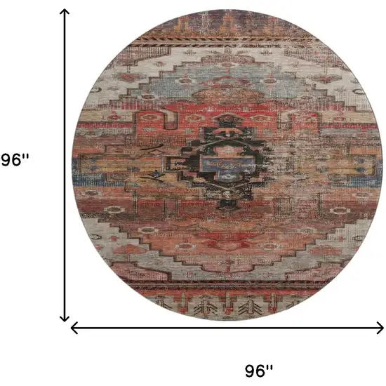 8' Rust Gray And Beige Oriental Washable Round Rug With UV Protection Photo 9