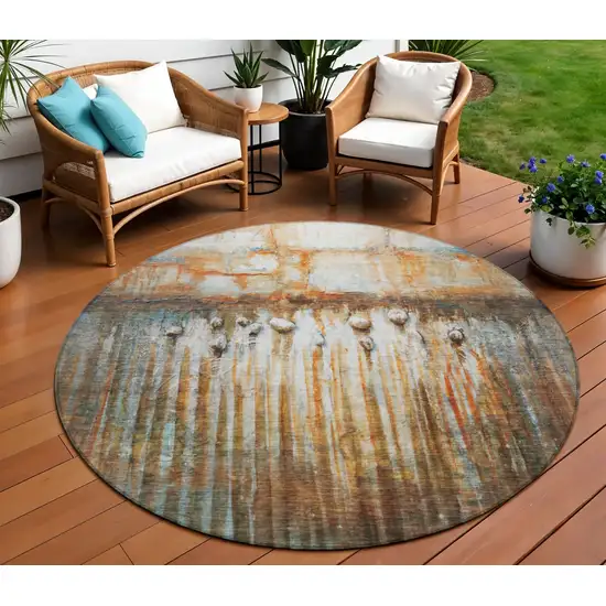 8' Rust Gray And Blue Round Abstract Washable Indoor Outdoor Area Rug Photo 2