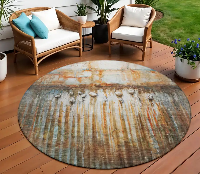 8' Rust Gray And Blue Round Abstract Washable Indoor Outdoor Area Rug Photo 2