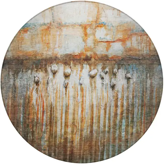 8' Rust Gray And Blue Round Abstract Washable Indoor Outdoor Area Rug Photo 3