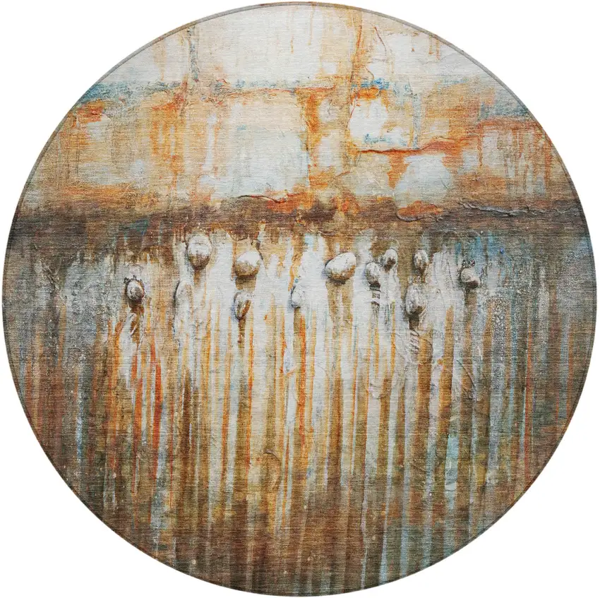 8' Rust Gray And Blue Round Abstract Washable Indoor Outdoor Area Rug Photo 3