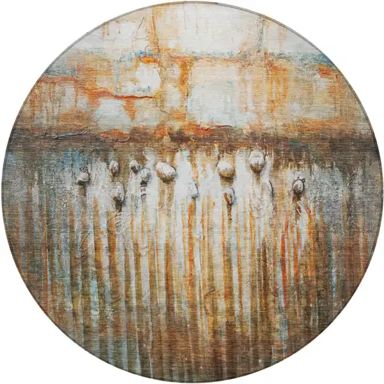 8' Rust Gray And Blue Round Abstract Washable Indoor Outdoor Area Rug Photo 1
