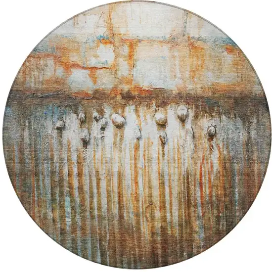 8' Rust Gray And Blue Round Abstract Washable Indoor Outdoor Area Rug Photo 4