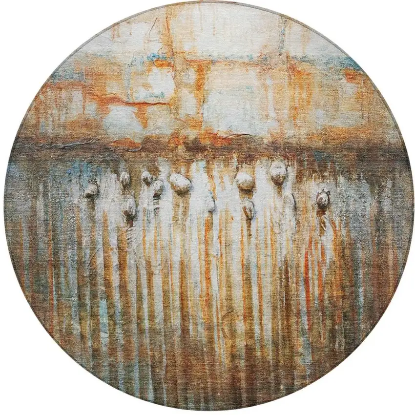 8' Rust Gray And Blue Round Abstract Washable Indoor Outdoor Area Rug Photo 4