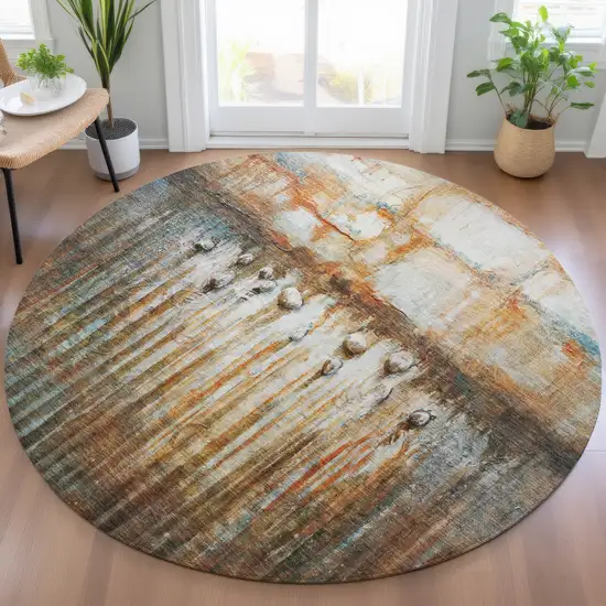 8' Rust Gray And Blue Round Abstract Washable Indoor Outdoor Area Rug Photo 6