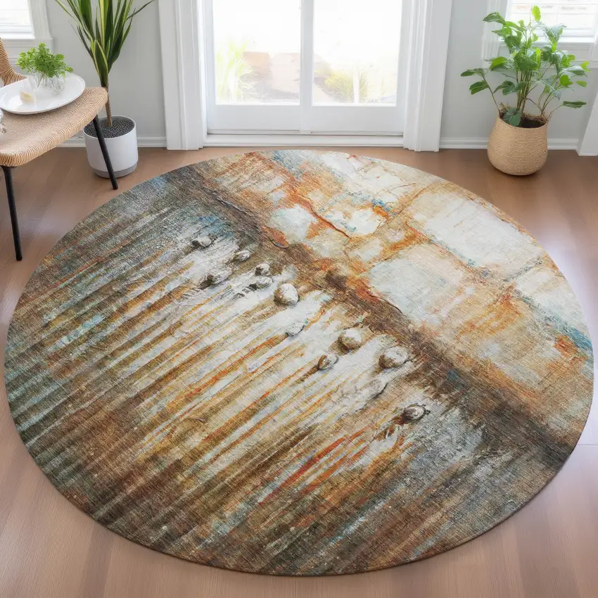 8' Rust Gray And Blue Round Abstract Washable Indoor Outdoor Area Rug Photo 6