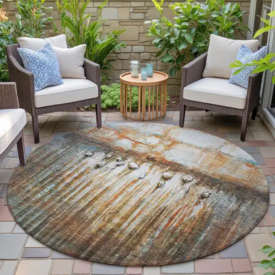 8' Rust Gray And Blue Round Abstract Washable Indoor Outdoor Area Rug Photo 5
