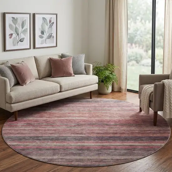 8' Rust Gray And Blush Striped Washable Round Rug With UV Protection Photo 1