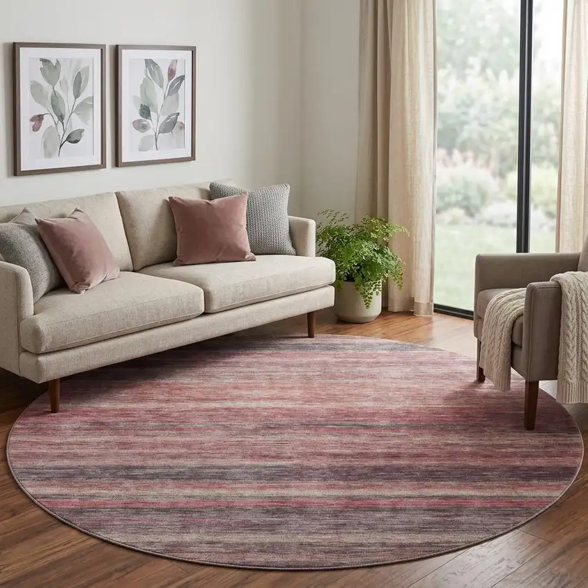 8' Rust Gray And Blush Striped Washable Round Rug With UV Protection Photo 1