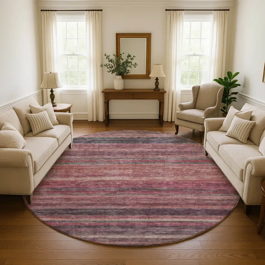 8' Rust Gray And Blush Striped Washable Round Rug With UV Protection Photo 4