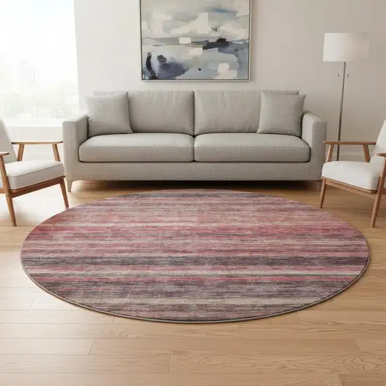 8' Rust Gray And Blush Striped Washable Round Rug With UV Protection Photo 2