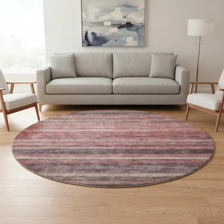8' Rust Gray And Blush Striped Washable Round Rug With UV Protection Photo 2