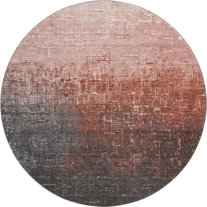 8' Rust Gray And Charcoal Ombre Washable Round Rug With UV Protection Photo 1