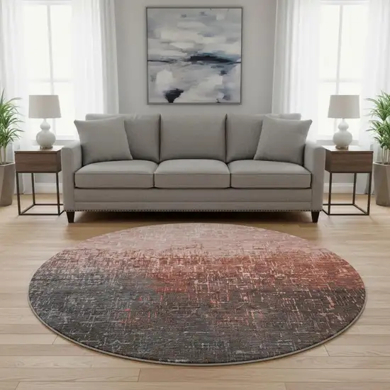 8' Rust Gray And Charcoal Ombre Washable Round Rug With UV Protection Photo 2