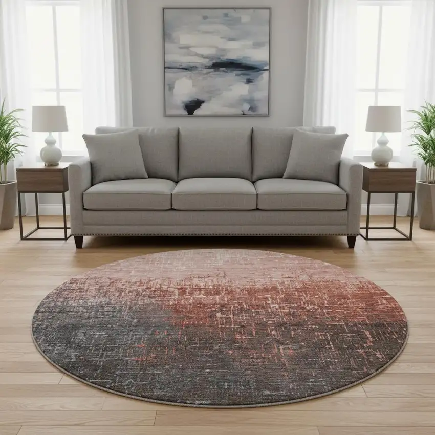 8' Rust Gray And Charcoal Ombre Washable Round Rug With UV Protection Photo 2