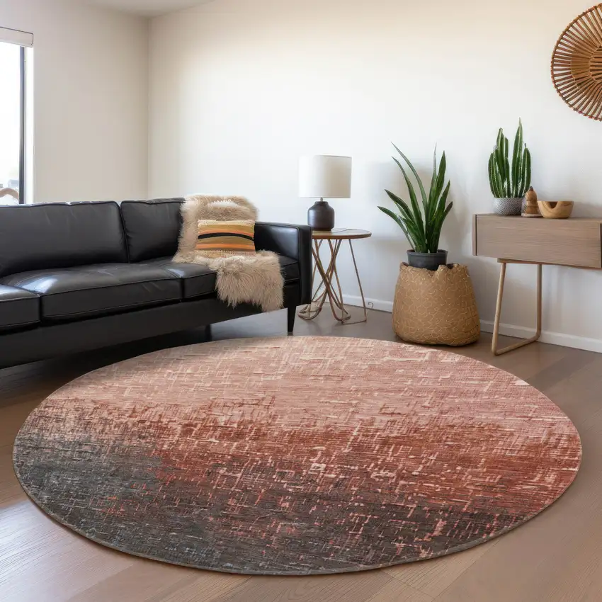 8' Rust Gray And Charcoal Ombre Washable Round Rug With UV Protection Photo 3