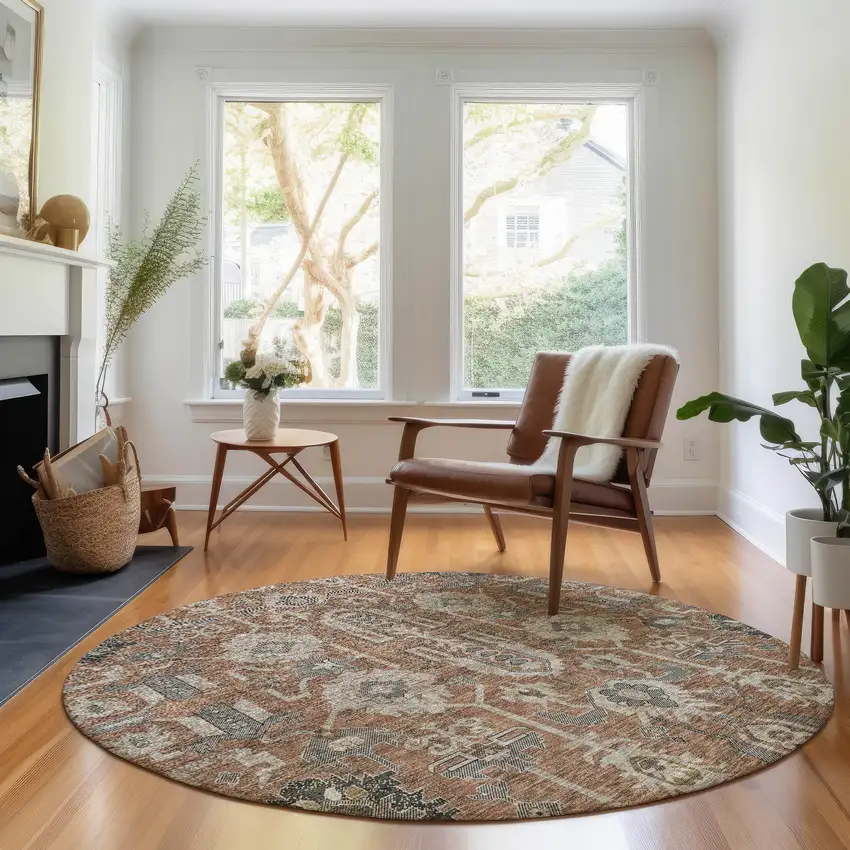 8' Rust Gray And Charcoal Oriental Washable Round Rug With UV Protection Photo 6