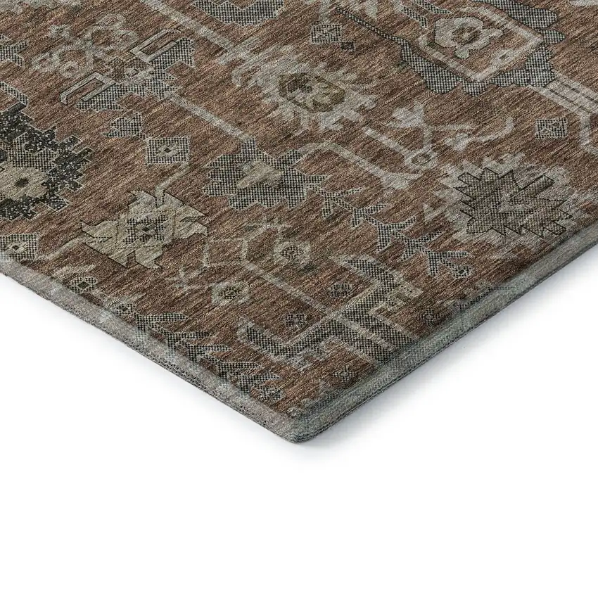 8' Rust Gray And Charcoal Oriental Washable Round Rug With UV Protection Photo 9