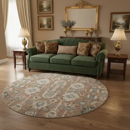 8' Rust Gray And Charcoal Oriental Washable Round Rug With UV Protection Photo 3