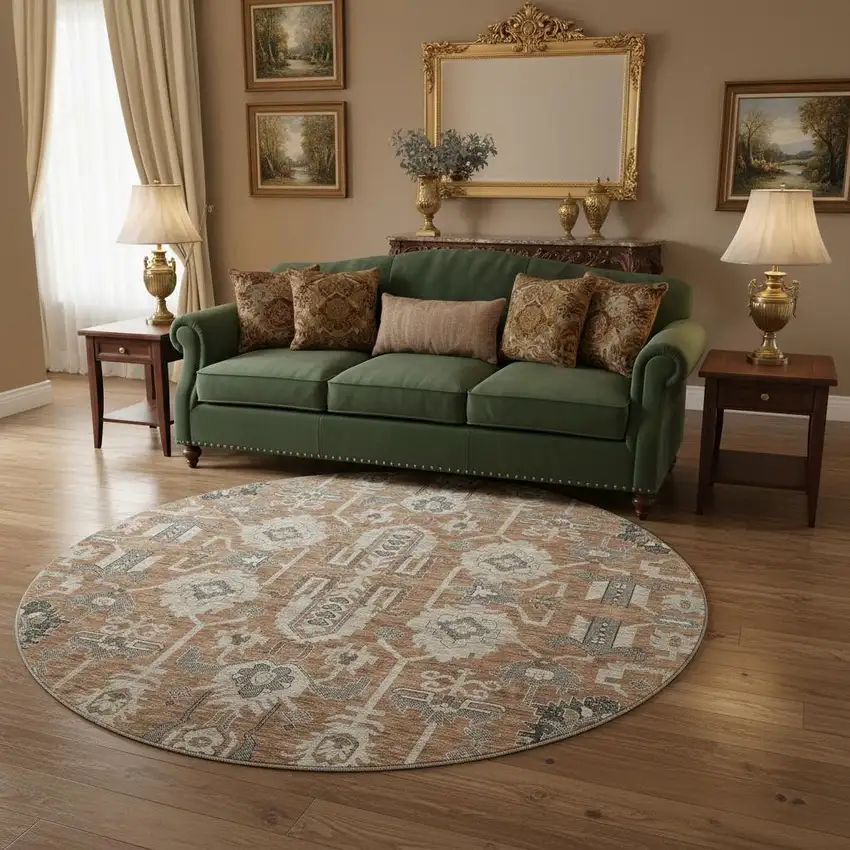 8' Rust Gray And Charcoal Oriental Washable Round Rug With UV Protection Photo 3