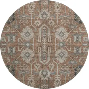 Photo of 8' Rust Gray And Charcoal Oriental Washable Round Rug With UV Protection