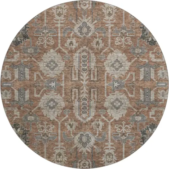 8' Rust Gray And Charcoal Oriental Washable Round Rug With UV Protection Photo 1