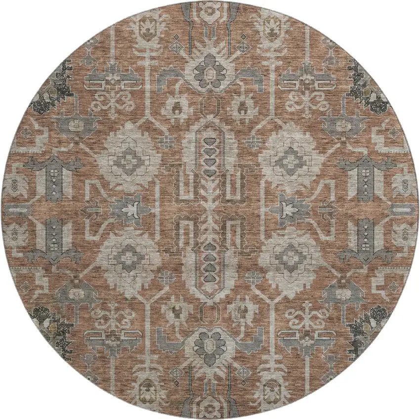 8' Rust Gray And Charcoal Oriental Washable Round Rug With UV Protection Photo 1
