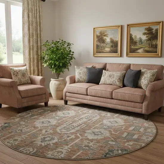 8' Rust Gray And Charcoal Oriental Washable Round Rug With UV Protection Photo 1