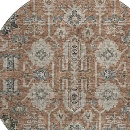 8' Rust Gray And Charcoal Oriental Washable Round Rug With UV Protection Photo 5