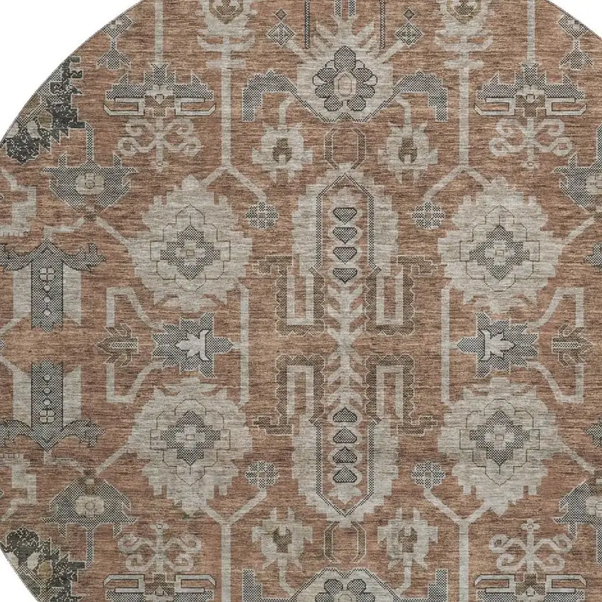 8' Rust Gray And Charcoal Oriental Washable Round Rug With UV Protection Photo 5