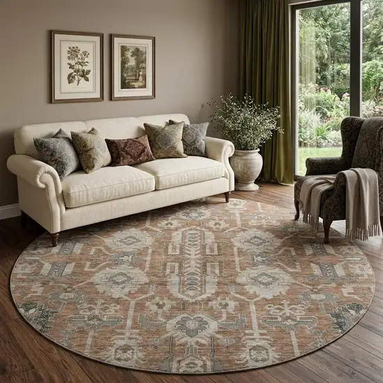 8' Rust Gray And Charcoal Oriental Washable Round Rug With UV Protection Photo 1