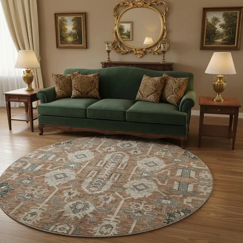 8' Rust Gray And Charcoal Oriental Washable Round Rug With UV Protection Photo 2