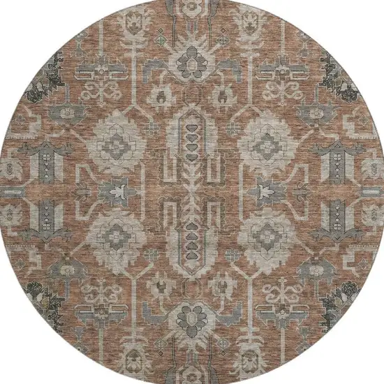 8' Rust Gray And Charcoal Oriental Washable Round Rug With UV Protection Photo 4