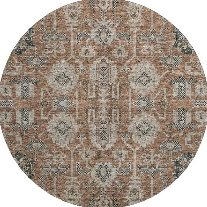 8' Rust Gray And Charcoal Oriental Washable Round Rug With UV Protection Photo 4