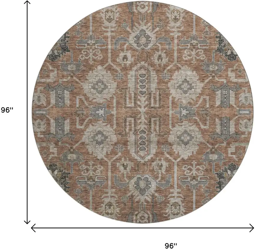 8' Rust Gray And Charcoal Oriental Washable Round Rug With UV Protection Photo 7