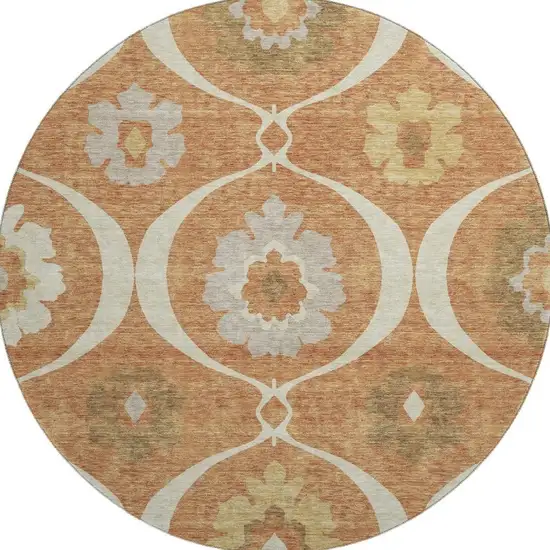 8' Rust Gray And Gold Medallion Washable Round Rug With UV Protection Photo 4