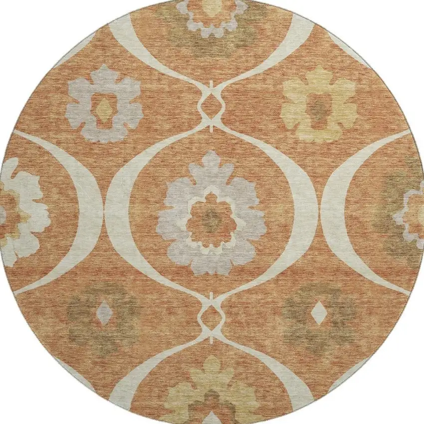 8' Rust Gray And Gold Medallion Washable Round Rug With UV Protection Photo 4