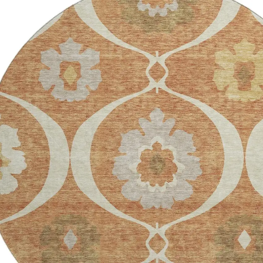 8' Rust Gray And Gold Medallion Washable Round Rug With UV Protection Photo 3