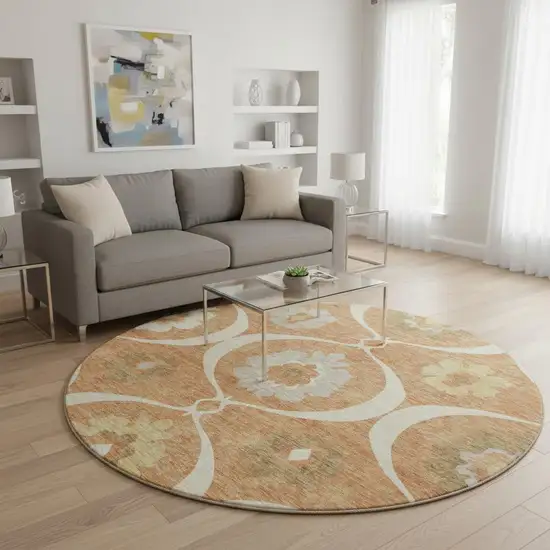 8' Rust Gray And Gold Medallion Washable Round Rug With UV Protection Photo 2