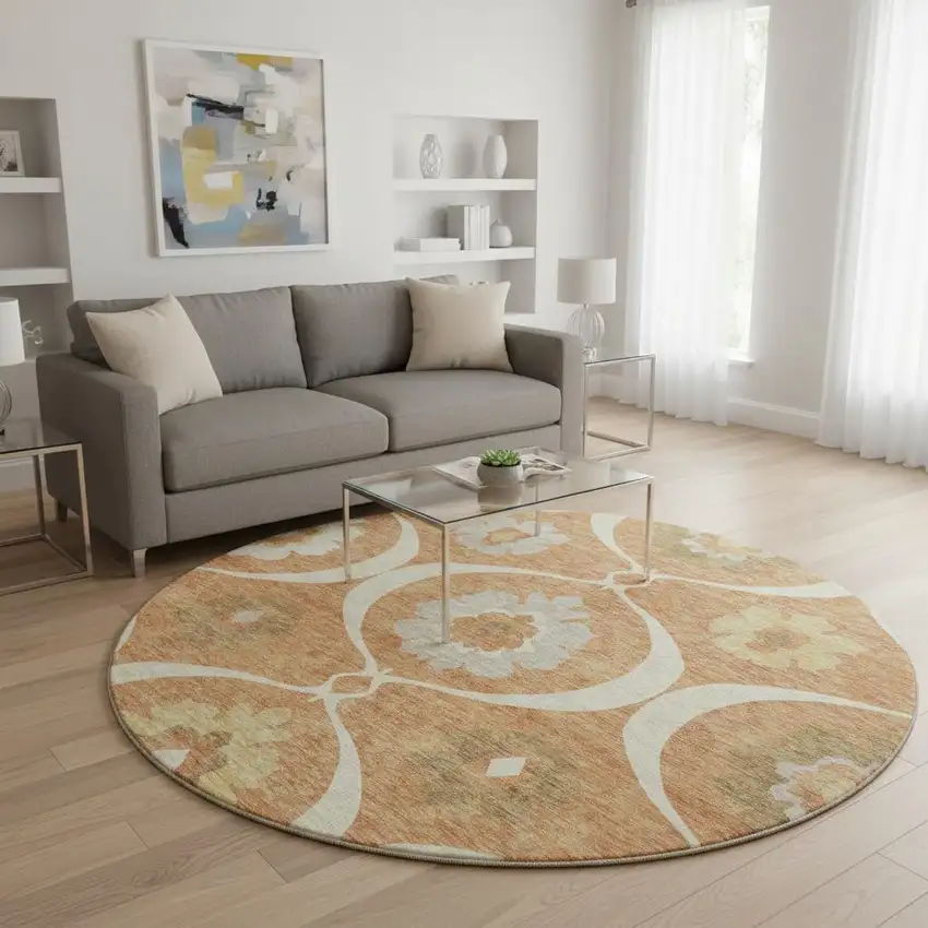 8' Rust Gray And Gold Medallion Washable Round Rug With UV Protection Photo 2